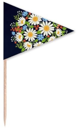 Weiße Chrysanthemen-Obstblumen-Zahnstocher, dreieckig, Cupcake-Aufsätze, Flagge