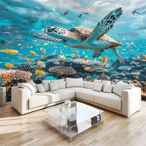 Blue 3D Wall Mural Sea World Sea Turtles Premium Non Woven 3D Photo Wallpaper Wall Mural, for Bedroom Living Room Decoration W300 X H210 Cm