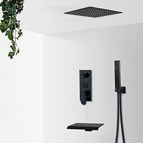 Système de douche noir mat à affichage numérique avec pommeau de douche pivotant de 40,6 cm et jets de douche cascade de 30,5 cm 3 voies pour salle de bain