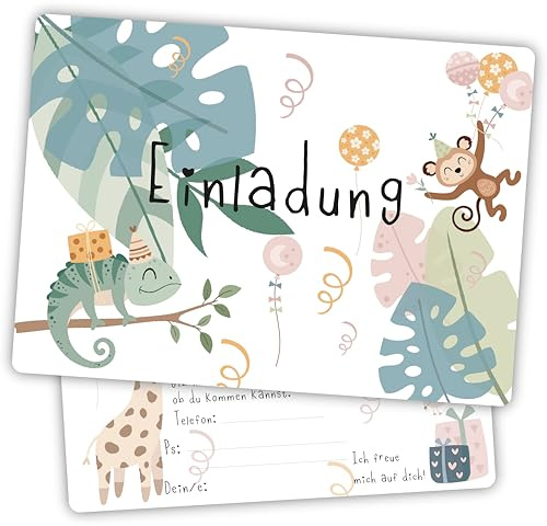 Damalia | 12 Einladungskarten | Kindergeburtstag | Mädchen | Junge | Dschungel | Tiere | Kinderparty | DIN A6 | Einladung | Geburtstag | klein und groß | Dschungel001