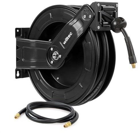 Wiltec Carrete de acero con manguera de aire híbrida 15 m para aire comprimido presión de trabajo hasta 20 bares montaje fácil enrollador automático de la manguera