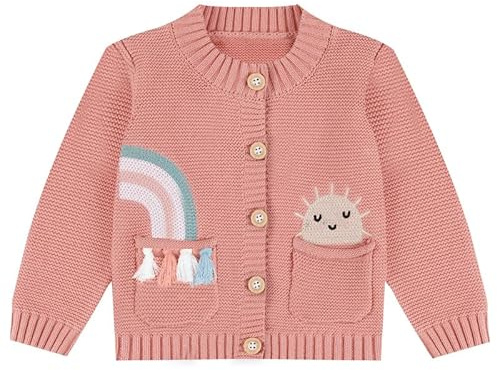 Loyfoky Baby Girls Boys 100% Cotton Knit Cardigan Toddler Sweater Clothes Soft Breathable with Rainbow & Sun Embroidery Pink