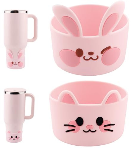 Gosknor 2pcs Bottom Protector for Stanley Cup, Silicone Bottom Sleeve Cute Pink Cartoon Animal Cat & Rabbit Water Bottle Boot Protector Accessories for Stanley Cup 40/30oz