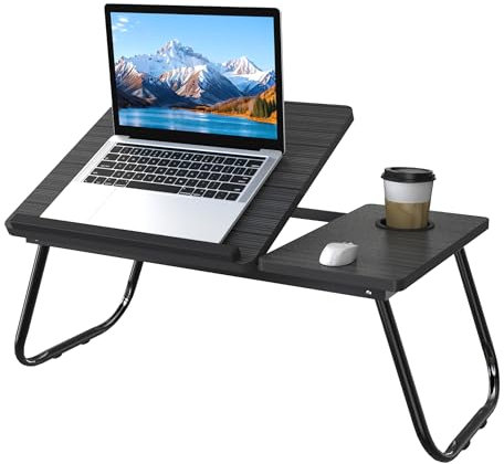 FIVMEN Laptoptisch Winkelverstellbar Betttisch Betttablett Klappbar 56x33 cm mit Laptop-Ständer und Cup Slot Frühstückstablett Notebooktisch Laptopständer aus MDF für Sofa Bett Couch, Schwarz