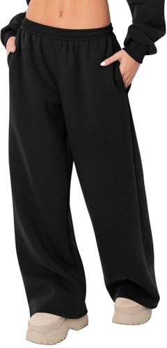 LOMON Wide Leg Sweatpants Women Fleece Sweat Pants Fall Spring Clothes 2026 Teen Girl Baggy Jogger Sweatpant with Pockets (Black, M)