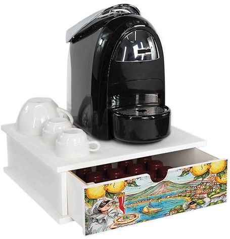 Lupia - Contenitore Porta Capsule e Cialde caffè Cassetto ORGANIZER White NAPOLI PULCINELLA 33x33 cm in legno per casa, cucina, angolo bar ufficio