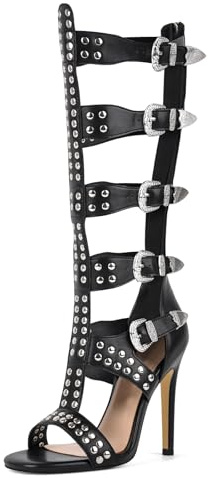 Gladiator Heels for Women Knee High Buckle Sandals Studded Zip Sexy Heels for Women Black Rivets T-strap Wrap Up Heeled Sandals Sparkle Stilettos Spikes Evening Wedding Shoes Dance Club Size 11