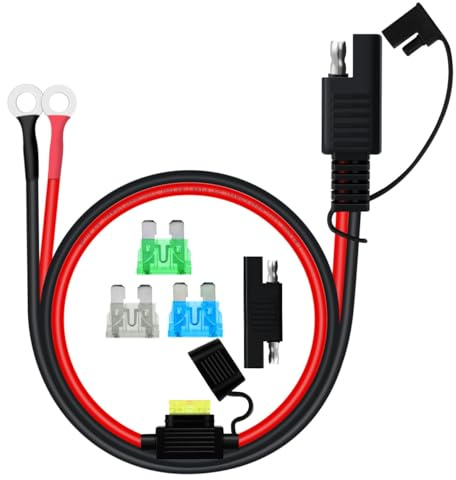 YINGAYOU SAE Cable con Terminal de Anillo Cable Cargador Bateria Moto 10AWG 30A Cable Bateria Moto SAE con Fusible para Motocicletas, Paneles Solares, Automóviles, Barcos (10 AWG+Fusible, 0.3 m)