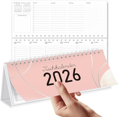 SKYDUE Bordskalender 2026 tvärsgående, kalender 2025 bordskalender, veckokalender från juli 2025 till december 2026, stående kalender med 1 vecka 2 sidor, kalender 29,7 x 11,7 cm (rosa silver)