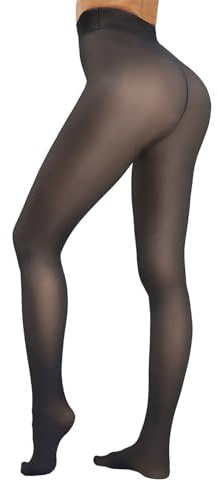 HeyUU termostrumpbyxor dam värmande fleece strumpbyxor fodrade vinterleggings varma och falska transparens, Svart med foder, L