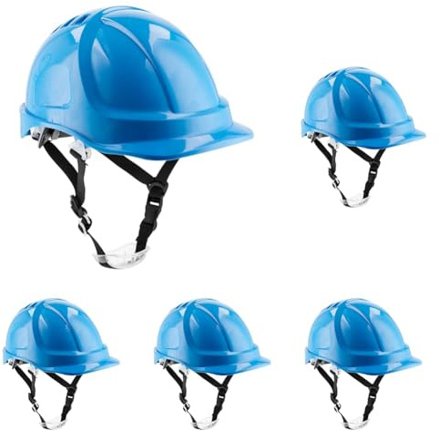 HÖGERT TECHNIK - Schutzhelm PLONER blau, Bauhelm aus ABS, EN 397, Ratschensystem, Belüftung, Kinnriemen, Arbeitshelm für Baustelle & Industrie, Sicherheitshelm verstellbar (Packung mit 5)
