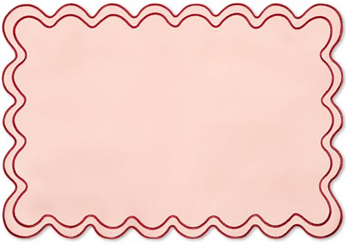 Whaline Vintage Red Pink Linen Placemats Embroidered Scalloped Kitchen Place Mats for Birthday Party Home Dining Table Decor, Set of 6, 13 x 19 in