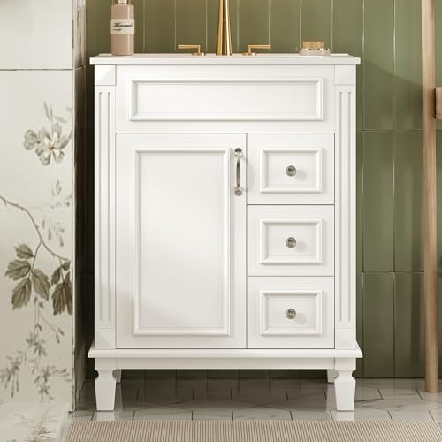 MPOLL 34 French Style Bathroom Organizer, Space-Saving Freestanding Cabinet with Ceramic Sink, Retro Bathroom Vanity with Soft Close for Bathroom, White