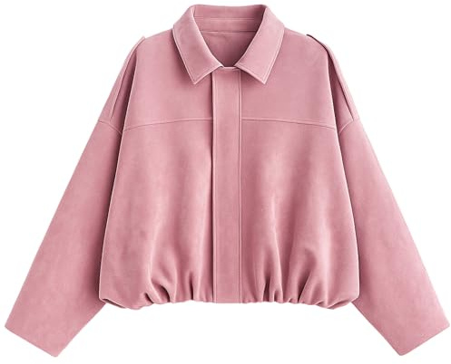 WERFORU Veste Blouson Aviateur Courte en Simili-Daim pour Femme,Veste Pilote Décontractée Coupe Oversize,Manches Longues Chauve-Souris,Zippé