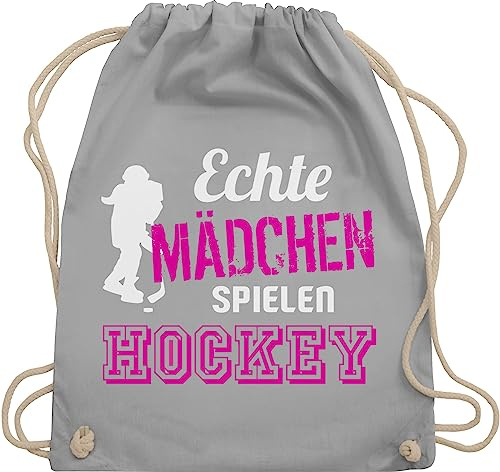 Turnbeutel Rucksack - Eishockey - Echte Mädchen spielen Hockey - Unisize - Hellgrau - kinderturnbeutel icehockey geschenk feldhockey stoffbeutel sport tasche kinder eishockey-fanartikel echt