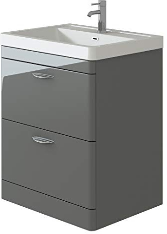 VeeBath APOL302 Cyrenne High Gloss Anthracite Grey Floor Standing Vanity Basin Storage Unit Cabinet & Polymarble Soft Edges Sink-700mm, 700mm