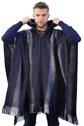 INTI ALPACA Alpaca Hooded Poncho for Men - Warm and soft wool cloak Cape -Comfortable House Coat (US, Alpha, One Size, Regular, Regular, Navy Blue)
