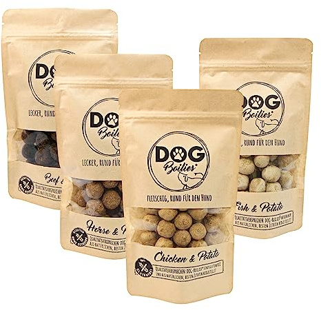 Schecker Hundeleckerli - Dog Boilies Set - Rind - Fisch - Pferd - Geflügel - 4 x 150g - Glutenfrei und Getreidefrei