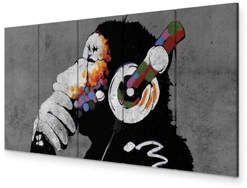 murando - Wandbilder XXL DJ Affe 225x90 cm 5 Teilig Wand Bild Deko Leinwand Bilder Groß Wanddeko Wohnzimmer Leinwandbilder Kunstdrucke - Banksy Tier Betonoptik Musik Street Art g-A-0289-b-m