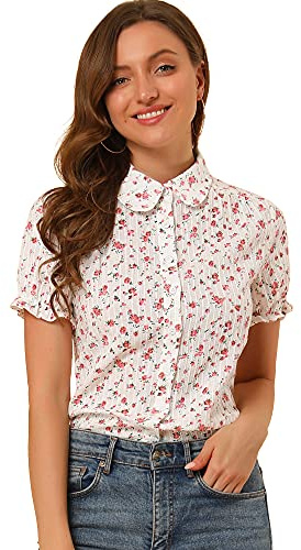 Allegra K Chemise en Coton à Volants pour Femmes avec col Rabattu et Fleurs Rose S