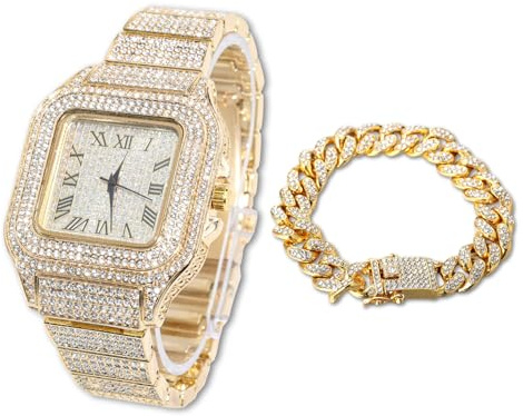 Halukakah GuldkLocka med diamanter, Herr, 18K Guldpläterad, svart rodium, vit Guldpläterad, 40 mm bredd fyrkantig kvartsurtavla, medkedje 20cm Armband, Gratis Presentask