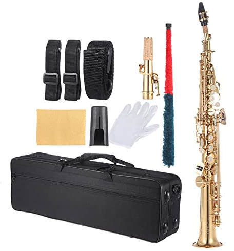 QIONGHA Brass Straight Soprano Sax Saxophone Bb B Flat Woodwind Instrument Natural Shell Key Carve Pattern with Carrying Case Gloves Cleaning Cloth Straps Rod