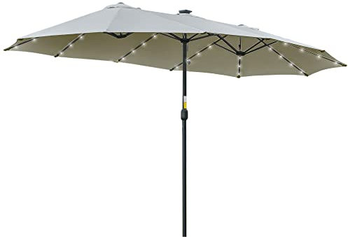 Outsunny Doppelsonnenschirm mit Solar LED 450 x 265 cm, Sonnenschirm mit Handkurbel, oval Balkonschirm Strandschirm windfest stabil Marktschirm Kurbelschirm für Balkon Terrasse Garten, Hellgrau