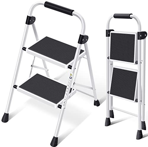 KINGRACK 2 Step Ladder with Non-Slip and Wide Pedal, Small Sturdy Steel Folding Ladder with Handle, Lightweight and Portable, White
