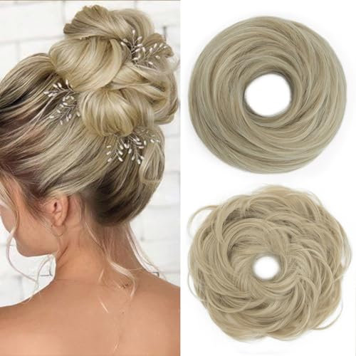 S-Noilite Haarteile mit Gummiband Haargummis mit Haaren für Frauen Donut Updo Hair Chignons synthetische Pferdeschwanz Dutt Extensions Haarverlängerungen - Aschblond & Bleichblond
