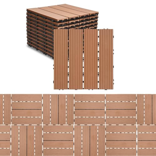 Ikodm WPC Terrassenfliese Holzoptik 30x30 cm, Klickfliese, Balkonfliese, braun, wasserfest, korrosionsbeständig, leicht zu verlegen (110 er Pack -10m²)
