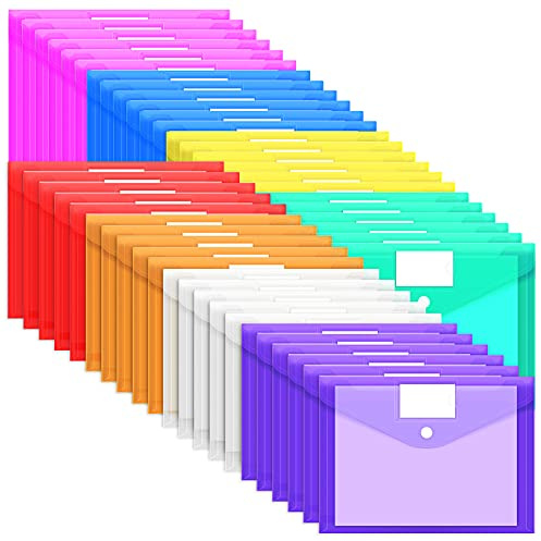 EOOUT 45 Pack Plastic Envelopes Poly Envelopes, Clear Document File Folders with Hook & Loop Closure, A4 Size with Label Pocket for School Home Work Office Organization, 8 Colors