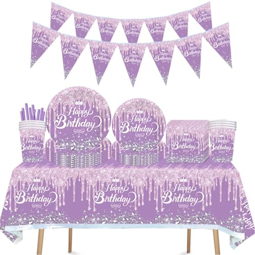 ZOOMPIL Diamant Partygeschirr Set, Lila Partygeschirr, 81 Stück Diamant Pappteller Set Mit Pappbecher, Servietten Und Tischdecke, Tischdekoration für Hochzeitsfeiern 10 Gäste
