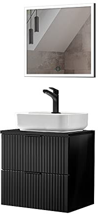Lomadox Waschplatz Set, 61cm breit, mit LED-Spiegel, gerillte Front, matt schwarz, B/H/T ca. 60,6/200/46,5 cm