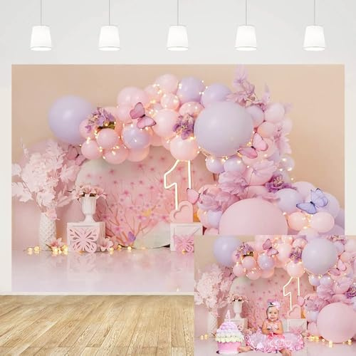 MEHOFOND Fotohintergrund für Mädchen, 1. Geburtstag, Rosa, Blumen, Luftballons, Schmetterling, Mädchen, 1. Geburtstag, Party, Kuchen, Smash, Dekor, Pastell-Portrait, Fotohintergrund, Banner,