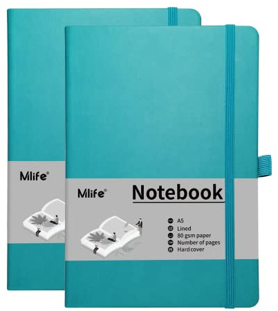 Mlife A5 Anteckningsbok, 2-Pack, 192 Sidor, 80 G/M² Tjockt Bläckresistent Papper, Anteckningsbok Med Hårt Polyuretanomslag, Innerficka, Elastiskt Band, Bullet Journal & Dagbok(Blågrön)