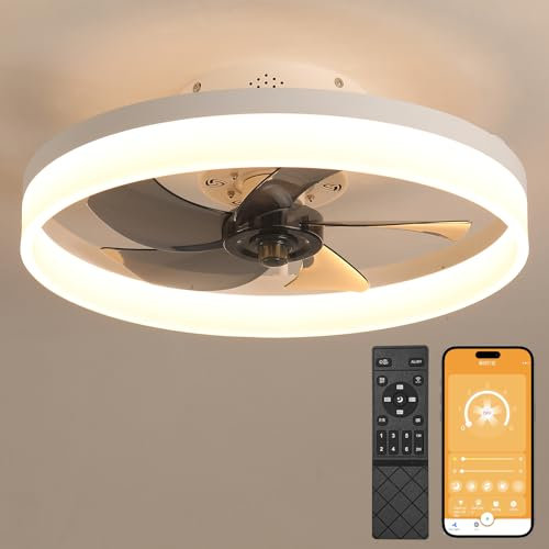 MOSSCO Ceiling Fans with Lights and Remote, LED Dimmable 3 Colour 6 Speeds Reversible Fan Light, Modern Fan Lights Ceiling for Bedroom, Flush Mount Low Profile Ceiling Fan Light White 50CM