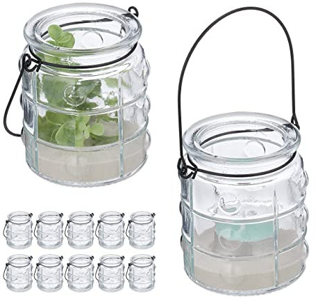 Relaxdays Candle Lanterns, Set of 12, Glass, with Handle, Indoors & Outdoors, Tealight Holders, 9 x 7.5 cm, Clear/Black