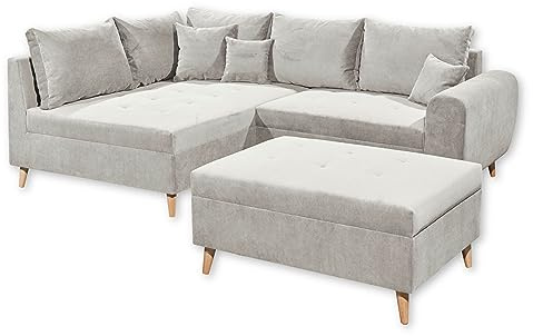 Stella Trading CALANDA Ecksofa mit Hocker, Stoffbezug Anthrazit - Moderne Eckcouch mit Kissen & Massivholz Füßen - 249 x 94 x 175 cm (B/H/T)