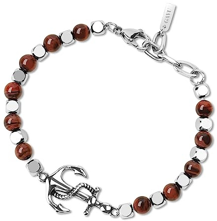 GAVU Pulsera para Hombre de Acero Inoxidable y Ojo de Tigre Rojo con Dije de Ancla, Pulsera Surfera Hombre con Piedras Naturales