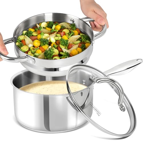 MICHELANGELO Stainless Steel Saucepan with Lid & Steamer, 3 Quart Sauce Pan with Lid, Steamer Pot with Pour Spout, 3 Qt Stainless Steel Pot, Induction Compatible, Oven Safe