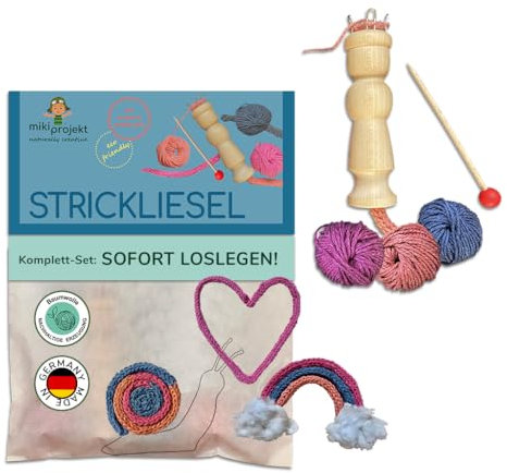 mikiprojekt® Strickliesel nachhaltiges Bastelset, komplettes Set, made in Germany, Strickliesel, Strickstab, 30m Garn, Aufbewahrungsbeutel, Einfädelhilfe, 2 Bastelvorlage, plastikfrei 5 bis 99 Jahre