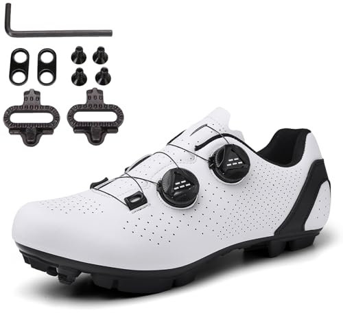 PENXZT MTB Schuhe Herren Radschuhe Fahrradschuhe Kompatibel mit Shimano SPD 2-Bolzen Pedalen mit Cleats, Mountainbike Schuhe mit Schnalle,Weiß,40 EU