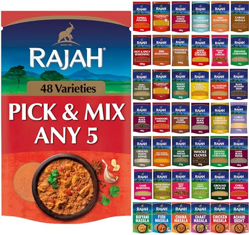Rajah Spices Pick & Mix Any 5 - Customisable Spice Selection - Choose From Ground Spices, Whole Spices, Masala Blends, Seasonings and Curry Powder