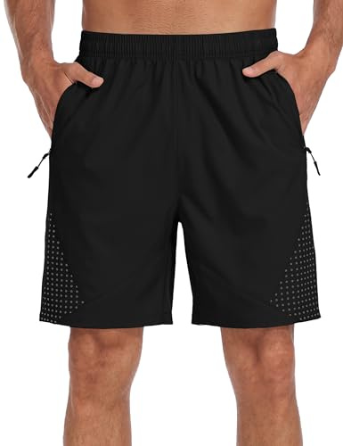 MoFiz Lätta sportshorts herr korta löparshorts jogging sommarträning snabbtorkande shorts med dragkedja fickor, Svart, XXL