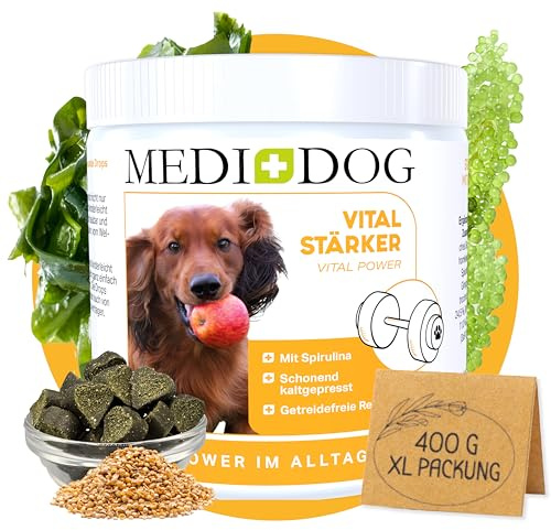 MEDIDOG Vitalstärker – 10in1 – Vital-Komplex für Hunde, Immunsystem, Vitalität, unterstützt im Alltag - Spirulina, Chlorella, Bockshornklee u.v.m - kaltgepresste Drops,getreidefreie Rezeptur -400g
