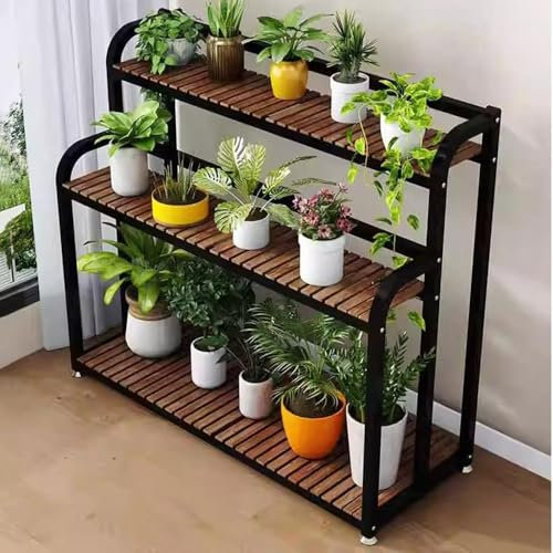 KADEUX Blumenständer Pflanzenleiter Pflanzenregal Mit 3 Ablagen, Metall Und Holz Blumenleiter, Indoor Blumenbank Ablageregal, Blumenetagere Für Drinnen/draußen(Black,80cm)