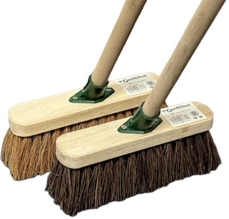 10 inch TWIN PACK OF TRADITIONAL WOODEN SWEEPING BRUSHES - x 1 STIFF OUTDOOR YARD SWEEPING BRUSH AND x 1 SOFT COCO BROOM WITH HANDLES