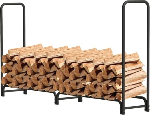 AMOS Metal Outdoor Firewood Log Rack With Cover Heavy Duty Garden Fire Wood Storage Unit Load Capacity Up To 250kg Black (8ft Wide)