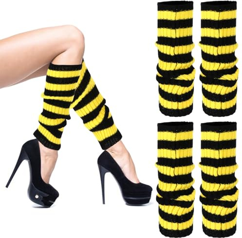 WDFCN 4 Stück /2 Paare Stulpen Biene Strümpfe 36 cm Halloween Beinwärmer Strümpfe Gelb Schwarz Bienen Kostüm Damen Stulpen für Erwachsene Karneval Halloween Fasching Mottoparty Verkleidung Theater