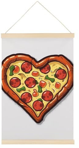 Magnetischer Posteraufhänger I Love Pizza in Herzform, 60 x 39 cm, Holzmagnet, Leinwand, Kunstwerk, zum Aufhängen, Posterrahmen mit Seilmagnet für Poster, Drucke, Fotos, Bilder, Karten, Scrol